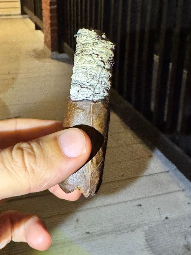 Long ash column on Padrón Family Reserve 46 at night