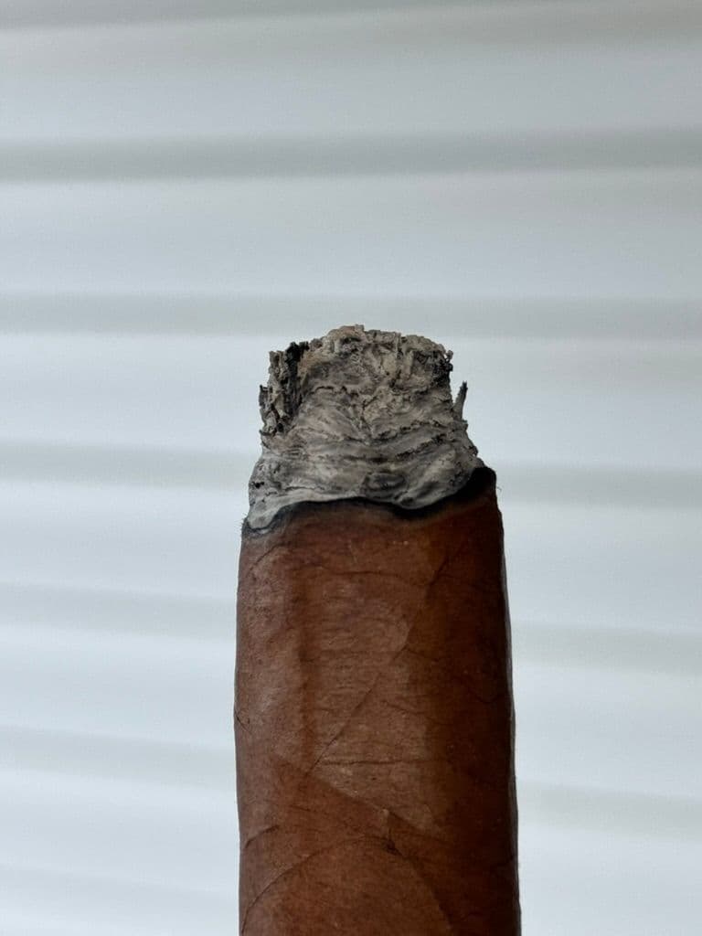 Close-up of wavy burn line and flaky ash on Kelner 80th Anniversary